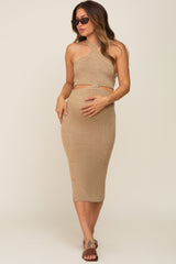 Taupe Side Cutout Halter Knit Maternity Midi Dress