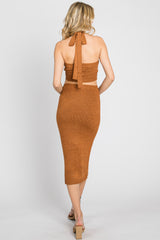 Camel Side Cutout Halter Knit Midi Dress