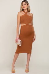 Camel Side Cutout Halter Knit Maternity Midi Dress