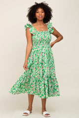 Green Floral Smocked Frill Sleeve Midi Dress