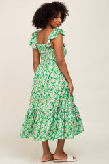 Green Floral Smocked Frill Sleeve Midi Dress