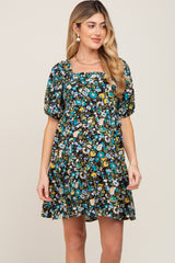 Black Floral Puff Sleeve Maternity Dress