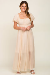 Beige Pleated Puff Sleeve Maternity Maxi Dress