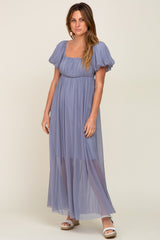 Blue Grey Pleated Puff Sleeve Maxi Dress