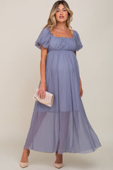 Blue Grey Pleated Puff Sleeve Matenrity Maxi Dress