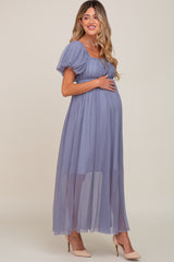 Blue Grey Pleated Puff Sleeve Matenrity Maxi Dress