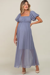 Blue Grey Pleated Puff Sleeve Matenrity Maxi Dress