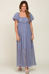 Blue Grey Pleated Puff Sleeve Maxi Dress