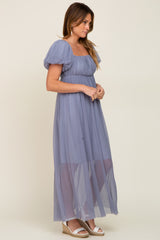 Blue Grey Pleated Puff Sleeve Maxi Dress