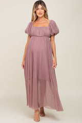 Mauve Pleated Puff Sleeve Matenrity Maxi Dress