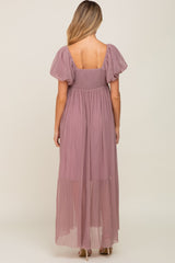 Mauve Pleated Puff Sleeve Matenrity Maxi Dress