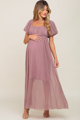 Mauve Pleated Puff Sleeve Matenrity Maxi Dress