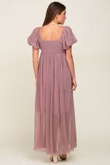 Mauve Pleated Puff Sleeve Maxi Dress