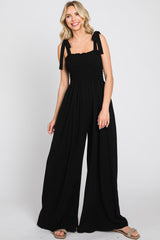 Black Sleeveless Smocked Wide Leg Maternity Jumpsuit