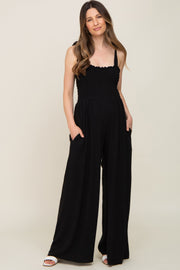 Black Sleeveless Smocked Wide Leg Maternity Jumpsuit