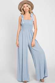 Light Blue Sleeveless Smocked Wide Leg Jumpsuit