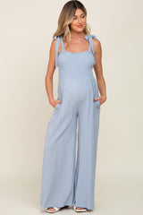 Light Blue Sleeveless Smocked Wide Leg Maternity Jumpsuit