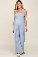 Light Blue Sleeveless Smocked Wide Leg Maternity Jumpsuit