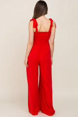 Red Sleeveless Smocked Wide Leg Maternity Jumpsuit