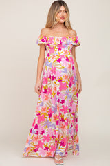 Fuchsia Floral Strapless Smocked Off-Shoulder Maternity Maxi Dress