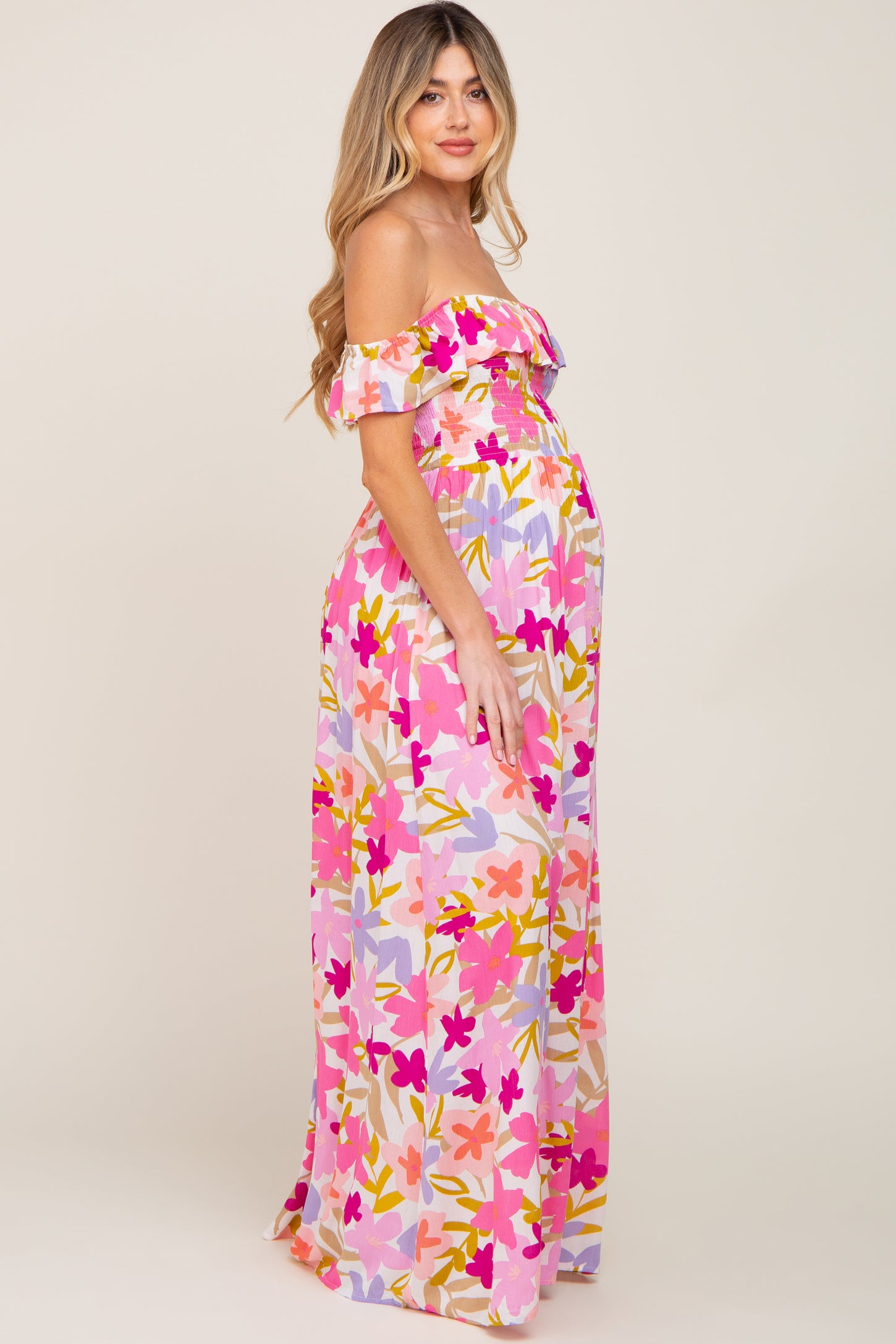 Fuchsia Floral Strapless Smocked Off-Shoulder Maternity Maxi Dress ...