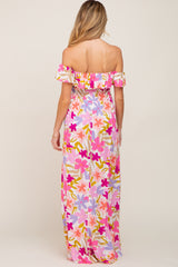 Fuchsia Floral Strapless Smocked Off-Shoulder Maternity Maxi Dress