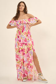 Fuchsia Floral Strapless Smocked Off-Shoulder Maxi Dress