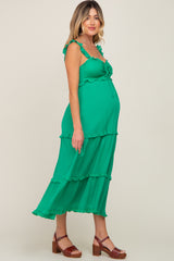 Green Ruffle Accent Maternity Midi Dress