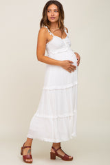 White Ruffle Accent Maternity Midi Dress