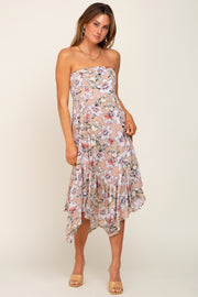 Taupe Floral Strapless Handkerchief Midi Dress