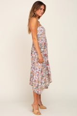 Taupe Floral Strapless Handkerchief Midi Dress