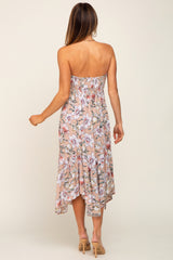 Taupe Floral Strapless Handkerchief Midi Dress