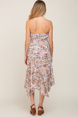 Taupe Floral Strapless Handkerchief Maternity Midi Dress