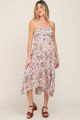 Taupe Floral Strapless Handkerchief Maternity Midi Dress