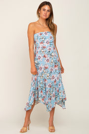 Blue Floral Strapless Handkerchief Midi Dress