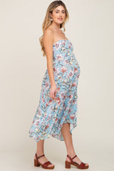 Blue Floral Strapless Handkerchief Maternity Midi Dress