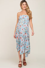 Blue Floral Strapless Handkerchief Maternity Midi Dress