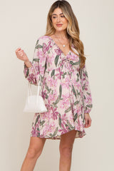 Cream Floral Cinched Front Long Sleeve Maternity Dress