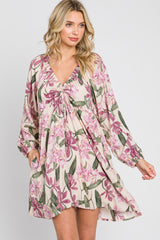 Cream Floral Cinched Front Long Sleeve Dress