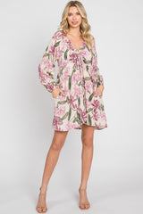 Cream Floral Cinched Front Long Sleeve Dress