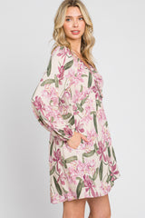 Cream Floral Cinched Front Long Sleeve Dress