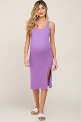 Lavender Ribbed Side Slit Maternity Midi Dress