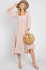 Beige Striped 3/4 Cinched Sleeve Tiered Maternity Midi Dress