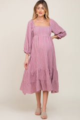 Mauve Striped 3/4 Cinched Sleeve Tiered Maternity Midi Dress