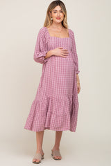 Mauve Striped 3/4 Cinched Sleeve Tiered Maternity Midi Dress