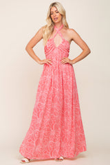 Coral Floral Halter Neck Maternity Maxi Dress