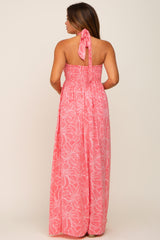 Coral Floral Halter Neck Maternity Maxi Dress