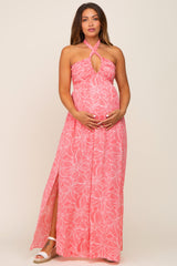 Coral Floral Halter Neck Maternity Maxi Dress