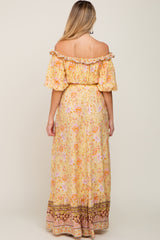 Yellow Floral Off Shoulder Maternity Maxi Skirt Set