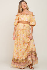 Yellow Floral Off Shoulder Maternity Maxi Skirt Set